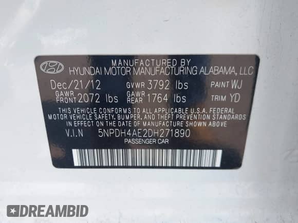 2013 Hyundai Elantra GLS with VIN 5NPDH4AE2DH271890, listed as a IAAI auction lot 43003855 with 176,697 mi miles and . Bid and sale history available at DreamBid. Image 9.