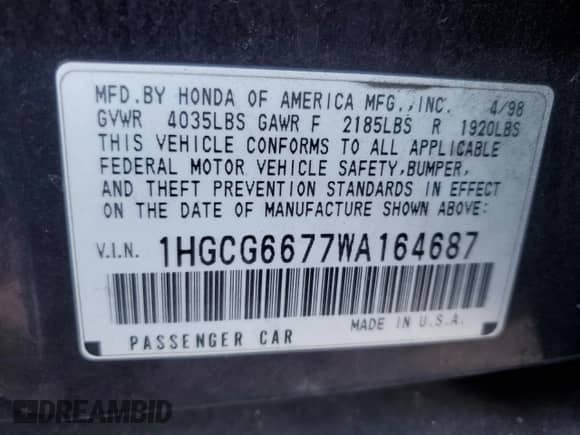 1998 Honda Accord EX с VIN 1HGCG6677WA164687, выставлен на аукционе Copart как лот 46739515 с пробегом 187 458 миль миль и Списание • Salvage title. История ставок и продаж доступна на DreamBid. Изображение 12.