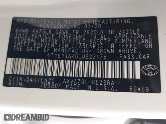 2020 Toyota Camry SE z VIN 4T1G11AK6LU923478, wystawiony jako IAAI lot #43386319 z przebiegiem 58 142 mil mil oraz . Historia ofert i sprzedaży dostępna na DreamBid. Obrazek 9.