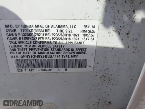 2015 Honda Pilot Touring с VIN 5FNYF3H92FB007774, выставлен на аукционе IAAI как лот 43083627 с пробегом 148 676 миль миль и . История ставок и продаж доступна на DreamBid. Изображение 9.