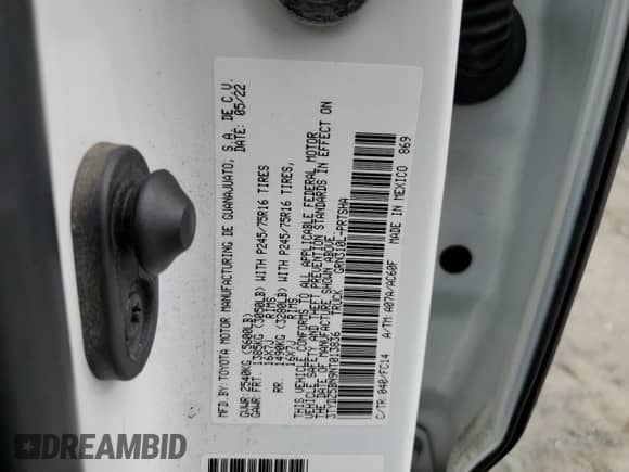 2022 Toyota Tacoma SR5 with VIN 3TYDZ5BN9NT013836, listed as a Copart auction lot 84573435 with 89,105 mi miles and Salvage title. Bid and sale history available at DreamBid. Image 12.