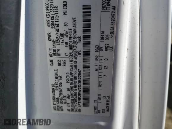 2013 Ford Econoline Cargo Commercial with VIN 1FTNE2EW2DDB22647, listed as a Copart auction lot 87264995 with 190,620 mi miles and Clean title. Bid and sale history available at DreamBid. Image 13.
