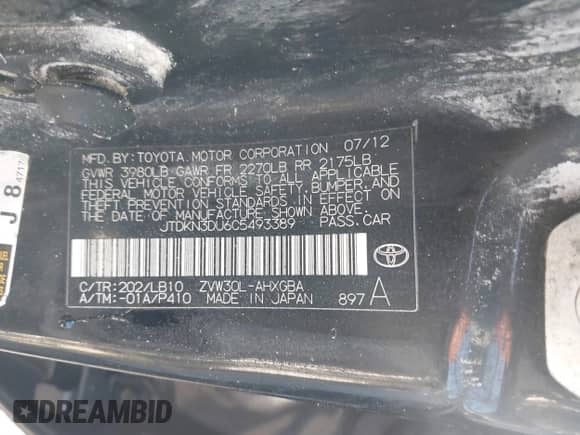 2012 Toyota Prius One с VIN JTDKN3DU6C5493389, выставлен на аукционе IAAI как лот 41588307 с пробегом Не указан миль и . История ставок и продаж доступна на DreamBid. Изображение 9.