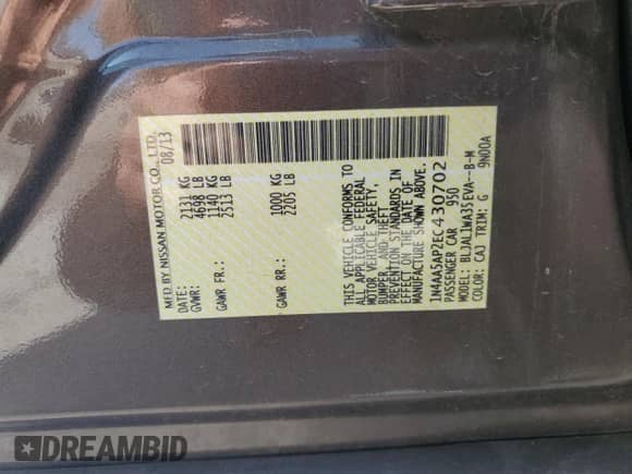 2014 Nissan Maxima SV z VIN 1N4AA5AP2EC430702, wystawiony jako Copart lot #81342975 z przebiegiem 101 413 mil mil oraz Szkoda całkowita • Salvage title. Historia ofert i sprzedaży dostępna na DreamBid. Obrazek 12.