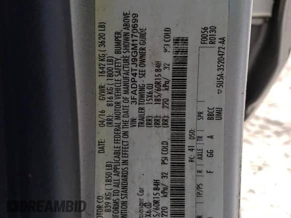 2016 Ford Fiesta S with VIN 3FADP4TJ9GM170699, listed as a Copart auction lot 59528543 with 96,394 mi miles and Salvage title. Bid and sale history available at DreamBid. Image 15.