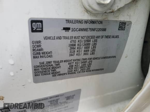2022 Chevrolet Silverado 2500 с VIN 1GC4WME75NF220588, выставлен на аукционе Copart как лот 58151575 с пробегом 66 918 миль миль и Списание • Salvage title. История ставок и продаж доступна на DreamBid. Изображение 12.