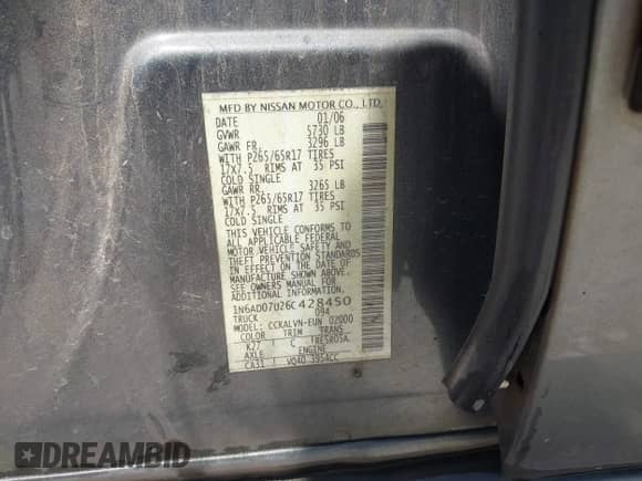 2006 Nissan Frontier SE with VIN 1N6AD07U26C428450, listed as a IAAI auction lot 42812012 with 194,915 mi miles and . Bid and sale history available at DreamBid. Image 9.