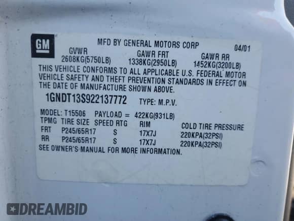 2002 Chevrolet TrailBlazer LS with VIN 1GNDT13S922137772, listed as a Copart auction lot 86365434 with 169,234 mi miles and Clean title. Bid and sale history available at DreamBid. Image 13.