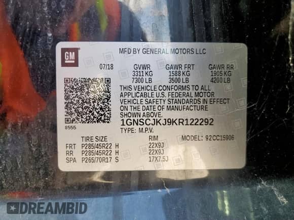 2019 Chevrolet Suburban с VIN 1GNSCJKJ9KR122292, выставлен на аукционе Copart как лот 65698235 с пробегом 85 778 миль миль и Списание • Salvage title. История ставок и продаж доступна на DreamBid. Изображение 13.