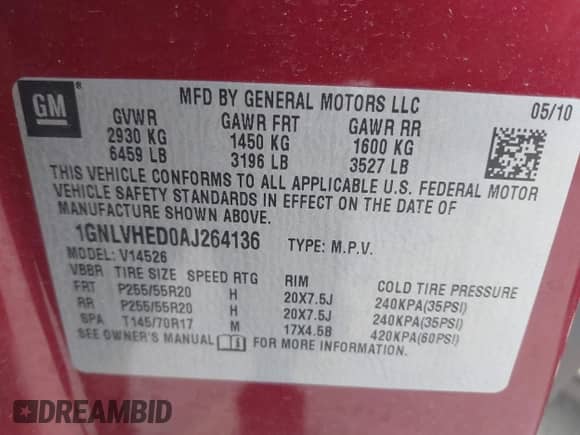 2010 Chevrolet Traverse LTZ with VIN 1GNLVHED0AJ264136, listed as a IAAI auction lot 42261342 with 240,256 mi miles and . Bid and sale history available at DreamBid. Image 9.