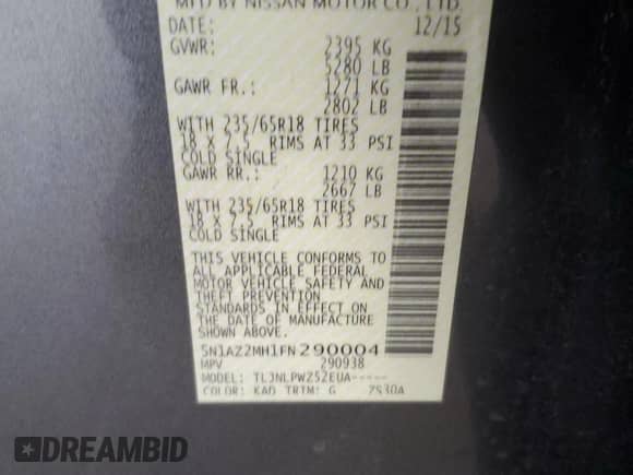 2015 Nissan Murano S with VIN 5N1AZ2MH1FN290004, listed as a Copart auction lot 65237565 with 141,703 mi miles and Salvage title. Bid and sale history available at DreamBid. Image 13.