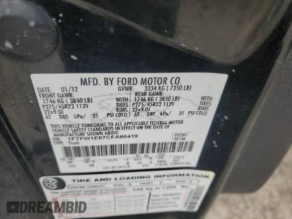 2012 Ford F-150 Lariat with VIN 1FTFW1E67CFA86419, listed as a Copart auction lot 61428435 with 153,516 mi miles and Salvage title. Bid and sale history available at DreamBid. Image 12.