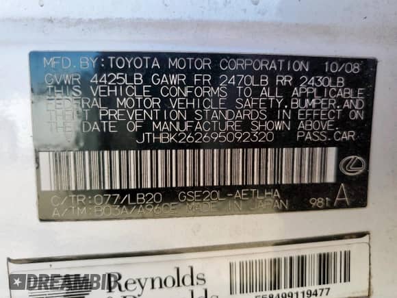 2009 Lexus IS 250 z VIN JTHBK262695092320, wystawiony jako Copart lot #69394545 z przebiegiem 254 011 mil mil oraz Szkoda całkowita • Salvage title. Historia ofert i sprzedaży dostępna na DreamBid. Obrazek 13.
