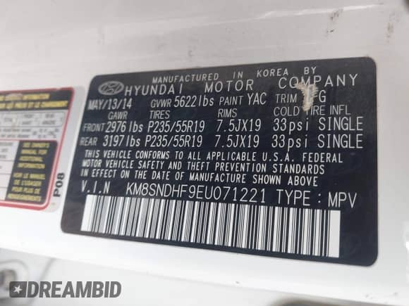 2014 Hyundai Santa Fe Limited z VIN KM8SNDHF9EU071221, wystawiony jako IAAI lot #43312415 z przebiegiem 152 481 mil mil oraz . Historia ofert i sprzedaży dostępna na DreamBid. Obrazek 9.