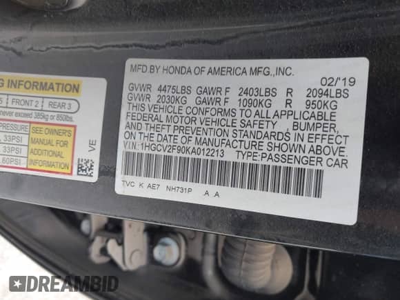 2019 Honda Accord Touring with VIN 1HGCV2F90KA012213, listed as a IAAI auction lot 43024723 with Not provided miles and . Bid and sale history available at DreamBid. Image 9.