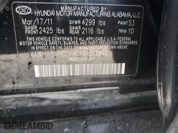 2011 Hyundai Sonata Limited with VIN 5NPEC4AC4BH266849, listed as a Copart auction lot 67949695 with Not provided miles and Salvage title. Bid and sale history available at DreamBid. Image 12.