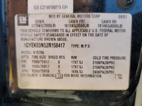 2002 Cadillac Escalade with VIN 1GYEK63N52R158417, listed as a Copart auction lot 57819285 with Not provided miles and Salvage title. Bid and sale history available at DreamBid. Image 13.