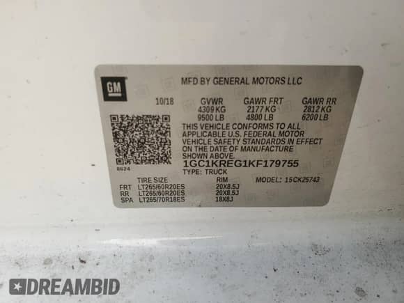 2019 Chevrolet Silverado 2500HD Work Truck z VIN 1GC1KREG1KF179755, wystawiony jako Copart lot #81480725 z przebiegiem 153 833 mil mil oraz Szkoda całkowita • Salvage title. Historia ofert i sprzedaży dostępna na DreamBid. Obrazek 12.