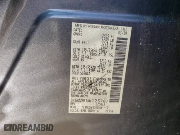 2019 Nissan Murano S z VIN 5N1AZ2MS5KN125787, wystawiony jako Copart lot #59139935 z przebiegiem 97 514 mil mil oraz Szkoda całkowita • Salvage title. Historia ofert i sprzedaży dostępna na DreamBid. Obrazek 13.