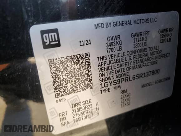 2025 Cadillac Escalade with VIN 1GYS9PRL6SR137800, listed as a Copart auction lot 49889855 with 3,031 mi miles and Salvage title. Bid and sale history available at DreamBid. Image 14.