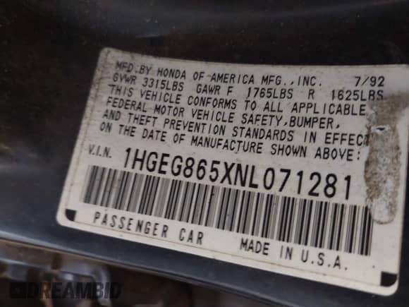 1992 Honda Civic z VIN 1HGEG865XNL071281, wystawiony jako IAAI lot #41605452 z przebiegiem 169 104 mil mil oraz . Historia ofert i sprzedaży dostępna na DreamBid. Obrazek 9.