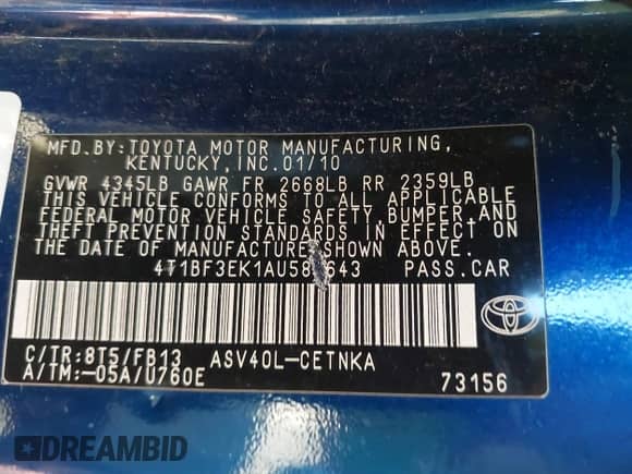 2010 Toyota Camry with VIN 4T1BF3EK1AU580643, listed as a IAAI auction lot 43409006 with 142,746 mi miles and . Bid and sale history available at DreamBid. Image 9.