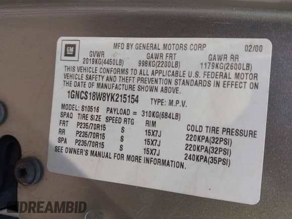 2000 Chevrolet Blazer LS с VIN 1GNCS18W8YK215154, выставлен на аукционе IAAI как лот 42072814 с пробегом 176 064 миль миль и . История ставок и продаж доступна на DreamBid. Изображение 9.