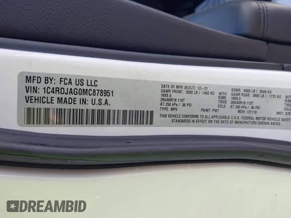 2021 Dodge Durango SXT Plus with VIN 1C4RDJAG0MC878951, listed as a IAAI auction lot 42782231 with 49,261 mi miles and . Bid and sale history available at DreamBid. Image 9.