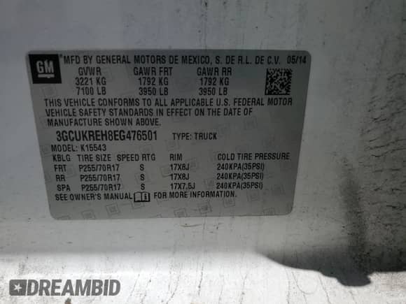 2014 Chevrolet Silverado 1500 LT with VIN 3GCUKREH8EG476501, listed as a Copart auction lot 57714765 with 132,847 mi miles and Clean title. Bid and sale history available at DreamBid. Image 12.