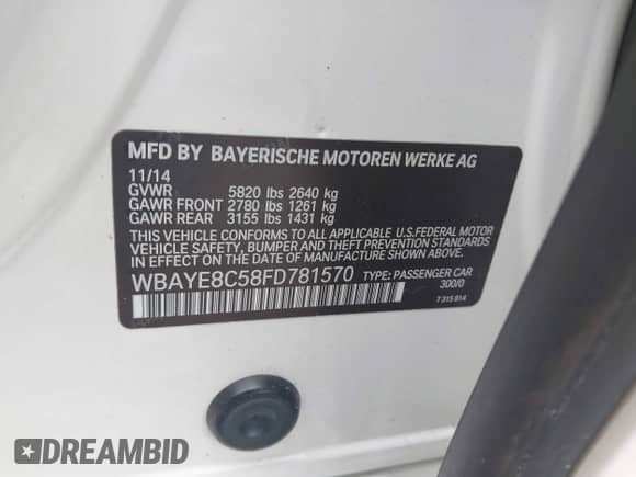 2015 BMW 7 Series 750Li with VIN WBAYE8C58FD781570, listed as a IAAI auction lot 42719416 with 79,573 mi miles and . Bid and sale history available at DreamBid. Image 9.