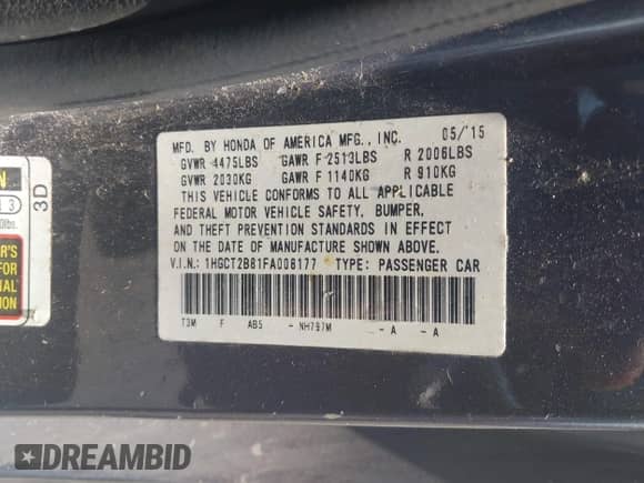 2015 Honda Accord EX-L z VIN 1HGCT2B81FA008177, wystawiony jako IAAI lot #42482248 z przebiegiem 163 226 mil mil oraz . Historia ofert i sprzedaży dostępna na DreamBid. Obrazek 9.