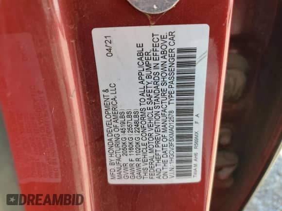 2021 Honda Accord EX-L z VIN 1HGCV3F5XMA012578, wystawiony jako Copart lot #69974565 z przebiegiem 76 778 mil mil oraz Szkoda całkowita • Salvage title. Historia ofert i sprzedaży dostępna na DreamBid. Obrazek 12.