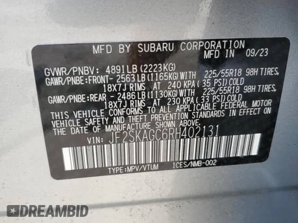 2024 Subaru Forester Special Sports z VIN JF2SKAGC6RH402131, wystawiony jako Copart lot #64691135 z przebiegiem 7 907 mil mil oraz Szkoda całkowita • Salvage title. Historia ofert i sprzedaży dostępna na DreamBid. Obrazek 13.