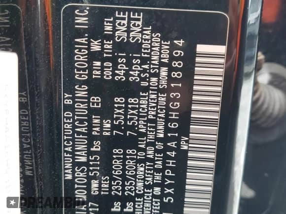 2017 Kia Sorento EX with VIN 5XYPH4A16HG318894, listed as a Copart auction lot 59702155 with 107,481 mi miles and Salvage title. Bid and sale history available at DreamBid. Image 13.