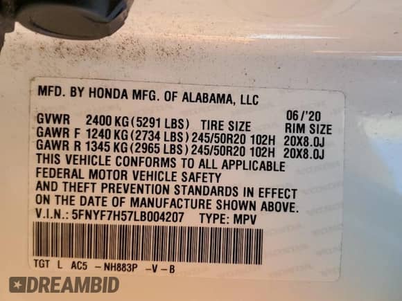 2020 Honda Passport EX-L with VIN 5FNYF7H57LB004207, listed as a Copart auction lot 67420715 with 76,324 mi miles and Salvage title. Bid and sale history available at DreamBid. Image 13.