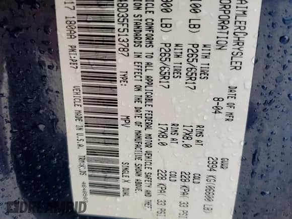 2005 Dodge Durango SLT with VIN 1D4HD48D35F513787, listed as a Copart auction lot 65563335 with 276,897 mi miles and Salvage title. Bid and sale history available at DreamBid. Image 13.