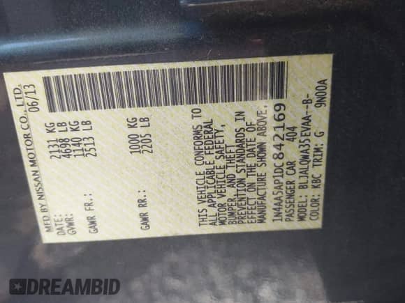 2013 Nissan Maxima S with VIN 1N4AA5AP1DC842169, listed as a IAAI auction lot 43350098 with Not provided miles and . Bid and sale history available at DreamBid. Image 9.