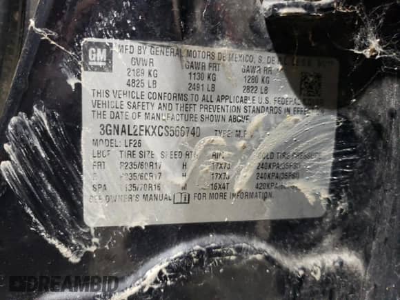 2012 Chevrolet Captiva Sport LS с VIN 3GNAL2EKXCS566740, выставлен на аукционе Copart как лот 79360394 с пробегом 186 526 миль миль и Чистый • Clean title. История ставок и продаж доступна на DreamBid. Изображение 13.