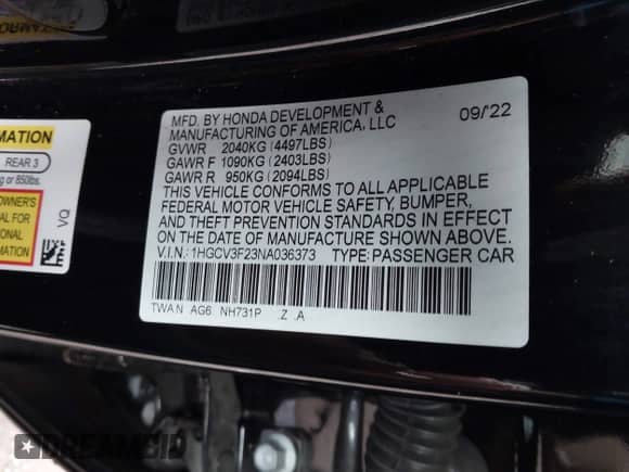 2022 Honda Accord Sport с VIN 1HGCV3F23NA036373, выставлен на аукционе IAAI как лот 43198939 с пробегом 57 867 миль миль и . История ставок и продаж доступна на DreamBid. Изображение 9.