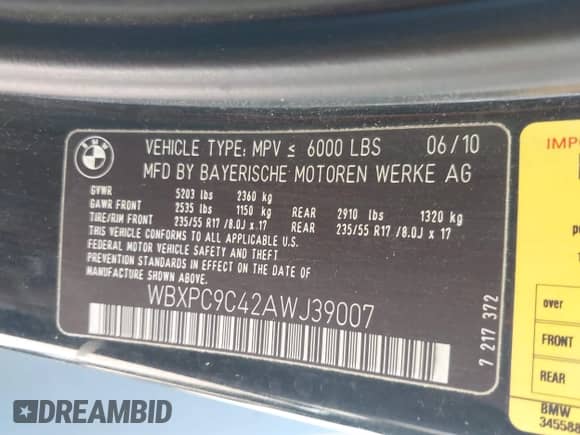 2010 BMW X3 xDrive30i с VIN WBXPC9C42AWJ39007, выставлен на аукционе IAAI как лот 43468076 с пробегом 173 378 миль миль и . История ставок и продаж доступна на DreamBid. Изображение 9.