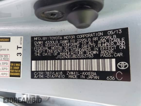 2013 Toyota Prius Two with VIN JTDZN3EU8D3263783, listed as a IAAI auction lot 42688002 with 74,672 mi miles and . Bid and sale history available at DreamBid. Image 9.
