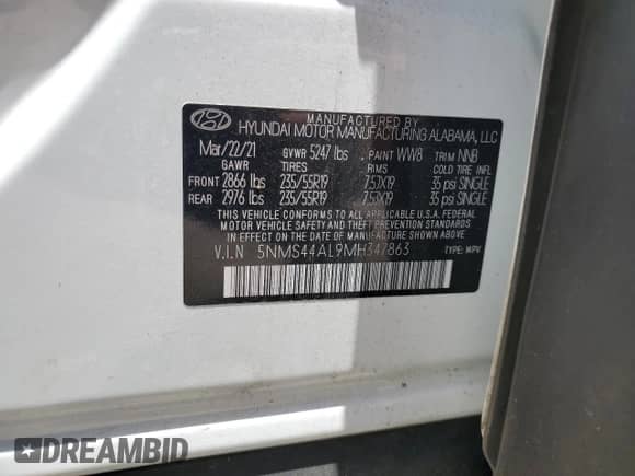 2021 Hyundai Santa Fe Limited with VIN 5NMS44AL9MH347863, listed as a Copart auction lot 65334225 with 35,856 mi miles and Salvage title. Bid and sale history available at DreamBid. Image 13.