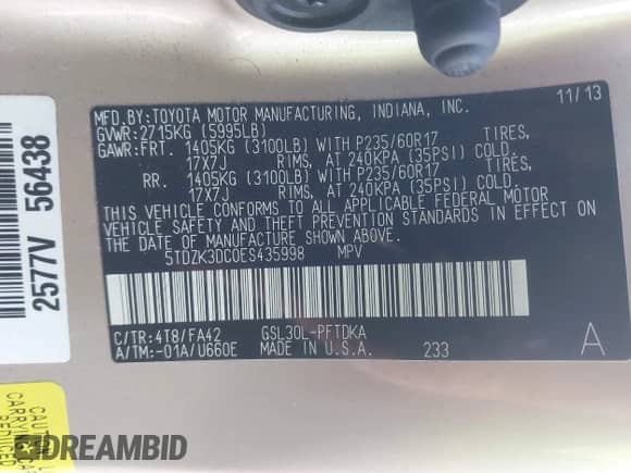 2014 Toyota Sienna L with VIN 5TDZK3DC0ES435998, listed as a IAAI auction lot 43475071 with 69,397 mi miles and . Bid and sale history available at DreamBid. Image 9.