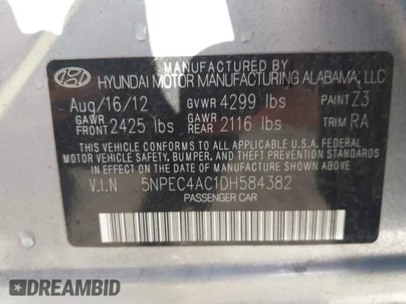 2013 Hyundai Sonata SE with VIN 5NPEC4AC1DH584382, listed as a IAAI auction lot 43380609 with 144,552 mi miles and . Bid and sale history available at DreamBid. Image 9.
