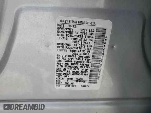 2013 Nissan Murano SL с VIN JN8AZ1MW8DW305980, выставлен на аукционе Copart как лот 70365545 с пробегом 94 537 миль миль и Списание • Salvage title. История ставок и продаж доступна на DreamBid. Изображение 13.