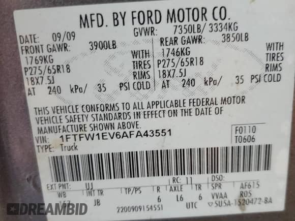 2010 Ford F-150 XL с VIN 1FTFW1EV6AFA43551, выставлен на аукционе Copart как лот 90404175 с пробегом 227 635 миль миль и Чистый • Clean title. История ставок и продаж доступна на DreamBid. Изображение 12.