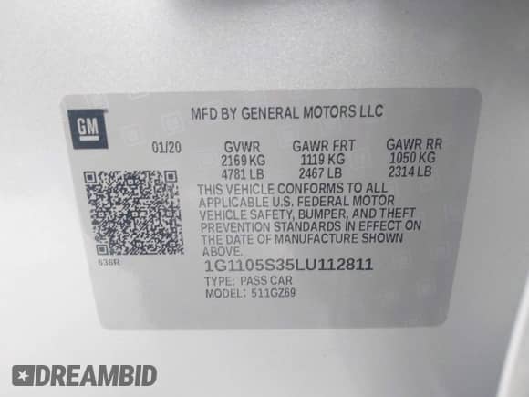 2020 Chevrolet Impala Premier with VIN 1G1105S35LU112811, listed as a IAAI auction lot 42178643 with 98,767 mi miles and . Bid and sale history available at DreamBid. Image 9.
