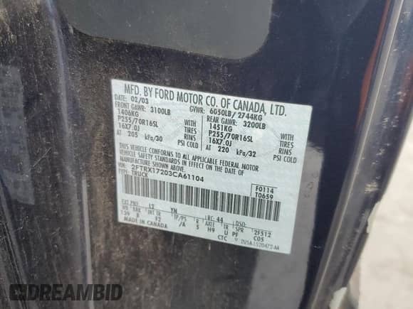 2003 Ford F-150 XL with VIN 2FTRX17203CA61104, listed as a Copart auction lot 83854135 with Not provided miles and Salvage title. Bid and sale history available at DreamBid. Image 12.