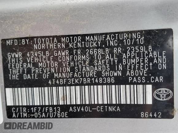 2011 Toyota Camry LE с VIN 4T4BF3EK7BR148386, выставлен на аукционе Copart как лот 80126085 с пробегом 79 882 миль миль и Списание • Salvage title. История ставок и продаж доступна на DreamBid. Изображение 13.