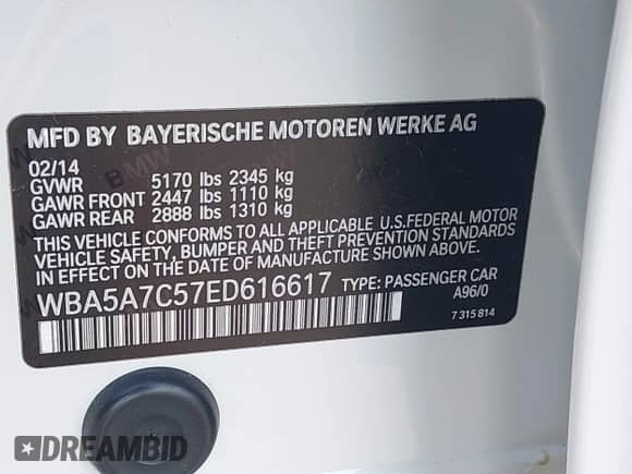 2014 BMW 5 Series 528i xDrive with VIN WBA5A7C57ED616617, listed as a IAAI auction lot 43292380 with 77,128 mi miles and . Bid and sale history available at DreamBid. Image 9.